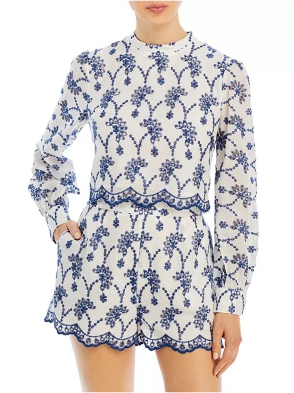 Aqua White Top with Navy Floral Embroidery
